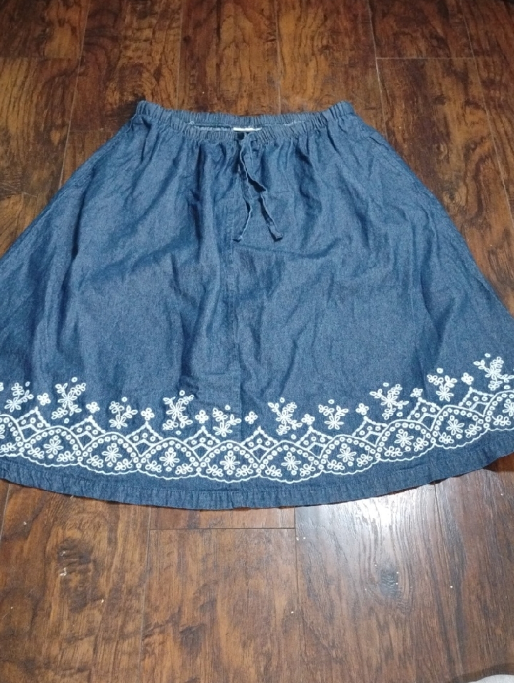 Woman Within Denim Blue Circle Skirt with White Embroidery